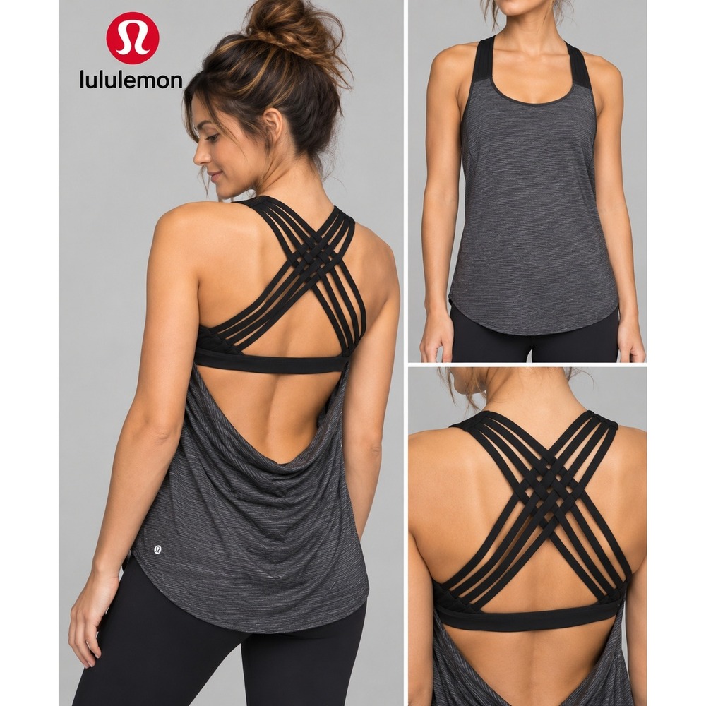 Lululemon Wild Tank Heathered Black Grey Strappy Back Built-in Bra Size 8